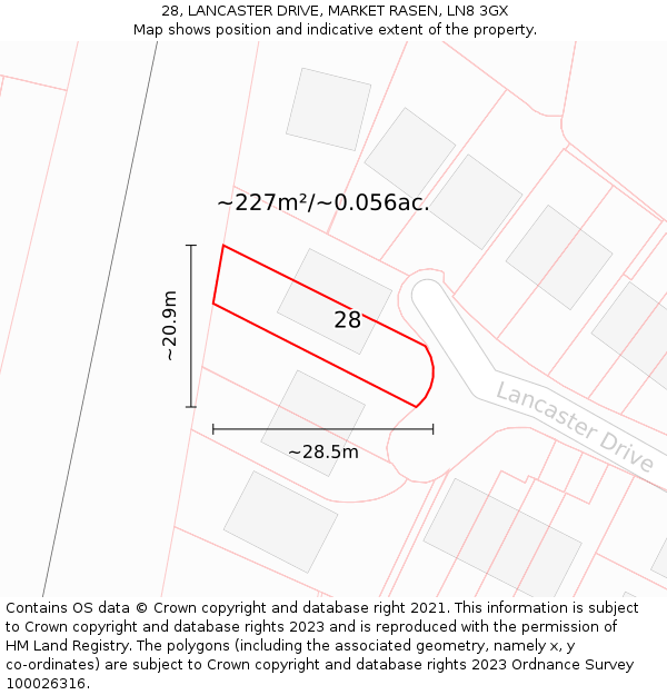 28, LANCASTER DRIVE, MARKET RASEN, LN8 3GX: Plot and title map