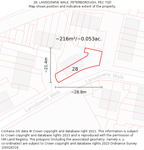 28, LANSDOWNE WALK, PETERBOROUGH, PE2 7GD: Plot and title map