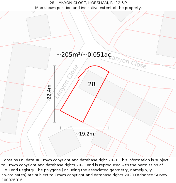 28, LANYON CLOSE, HORSHAM, RH12 5JP: Plot and title map