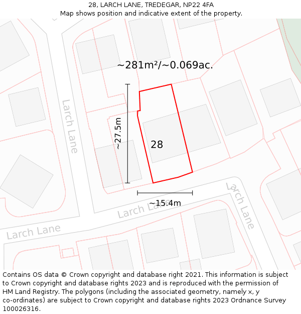 28, LARCH LANE, TREDEGAR, NP22 4FA: Plot and title map