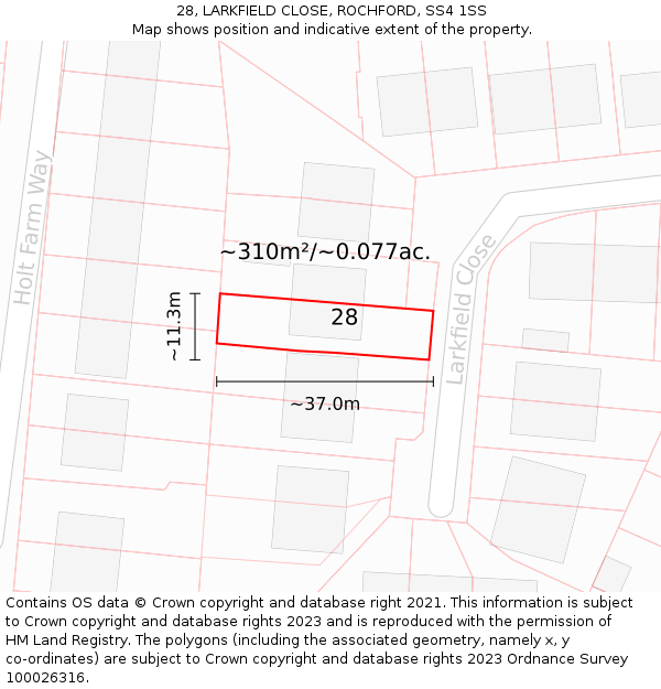 28, LARKFIELD CLOSE, ROCHFORD, SS4 1SS: Plot and title map
