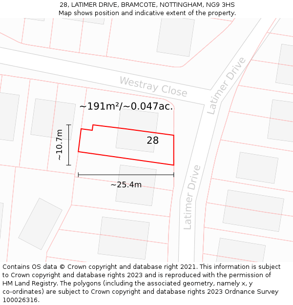 28, LATIMER DRIVE, BRAMCOTE, NOTTINGHAM, NG9 3HS: Plot and title map