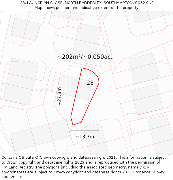 28, LAUNCELYN CLOSE, NORTH BADDESLEY, SOUTHAMPTON, SO52 9NP: Plot and title map