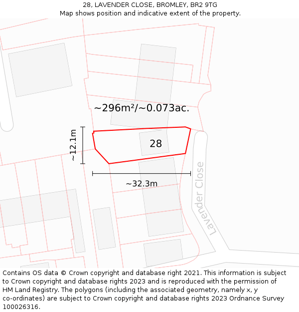 28, LAVENDER CLOSE, BROMLEY, BR2 9TG: Plot and title map