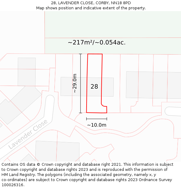 28, LAVENDER CLOSE, CORBY, NN18 8PD: Plot and title map