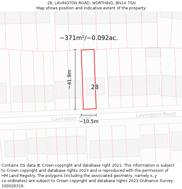 28, LAVINGTON ROAD, WORTHING, BN14 7SN: Plot and title map