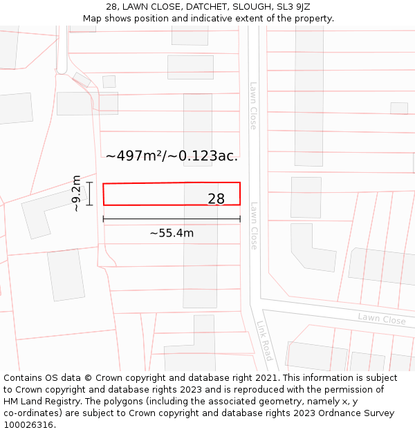 28, LAWN CLOSE, DATCHET, SLOUGH, SL3 9JZ: Plot and title map