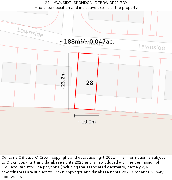 28, LAWNSIDE, SPONDON, DERBY, DE21 7DY: Plot and title map