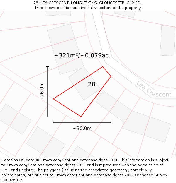 28, LEA CRESCENT, LONGLEVENS, GLOUCESTER, GL2 0DU: Plot and title map
