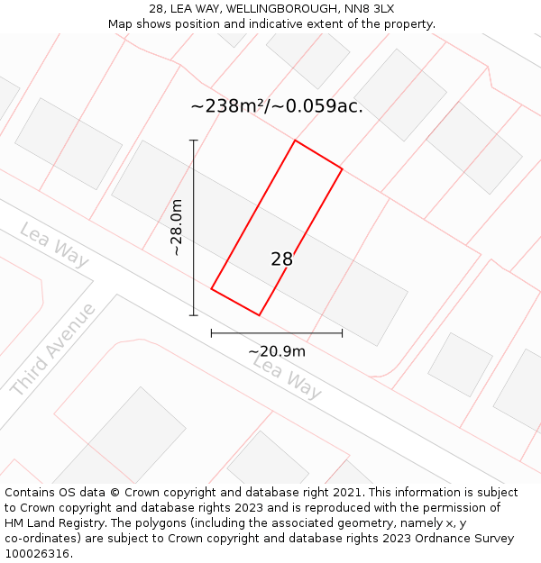 28, LEA WAY, WELLINGBOROUGH, NN8 3LX: Plot and title map
