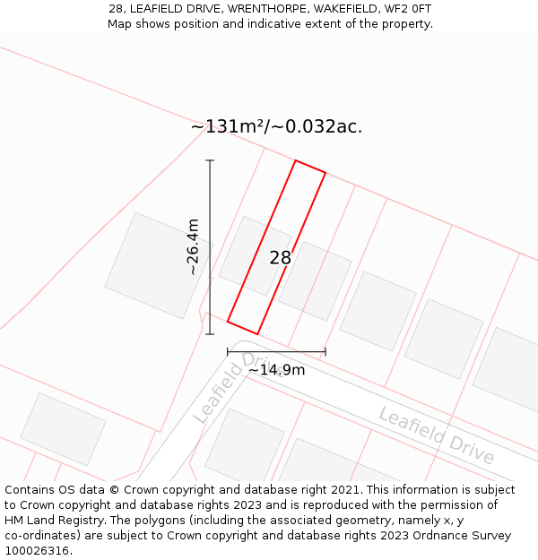 28, LEAFIELD DRIVE, WRENTHORPE, WAKEFIELD, WF2 0FT: Plot and title map