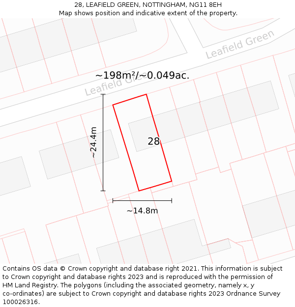 28, LEAFIELD GREEN, NOTTINGHAM, NG11 8EH: Plot and title map