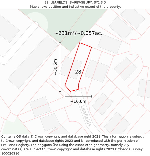 28, LEAFIELDS, SHREWSBURY, SY1 3JD: Plot and title map