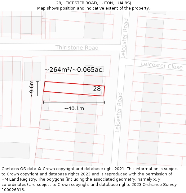 28, LEICESTER ROAD, LUTON, LU4 8SJ: Plot and title map