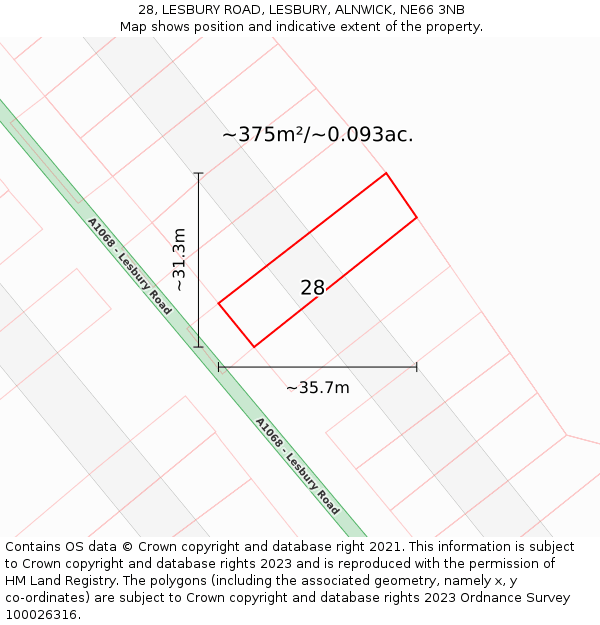 28, LESBURY ROAD, LESBURY, ALNWICK, NE66 3NB: Plot and title map