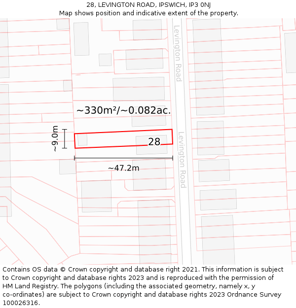 28, LEVINGTON ROAD, IPSWICH, IP3 0NJ: Plot and title map