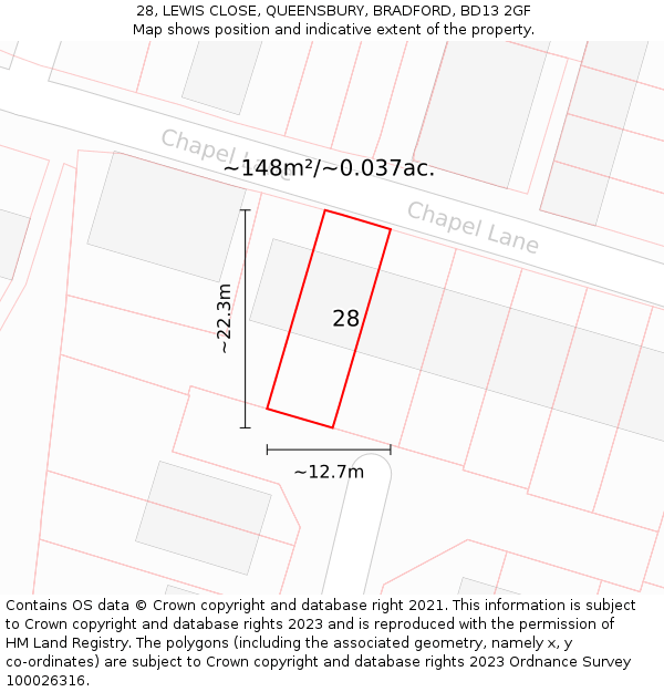 28, LEWIS CLOSE, QUEENSBURY, BRADFORD, BD13 2GF: Plot and title map