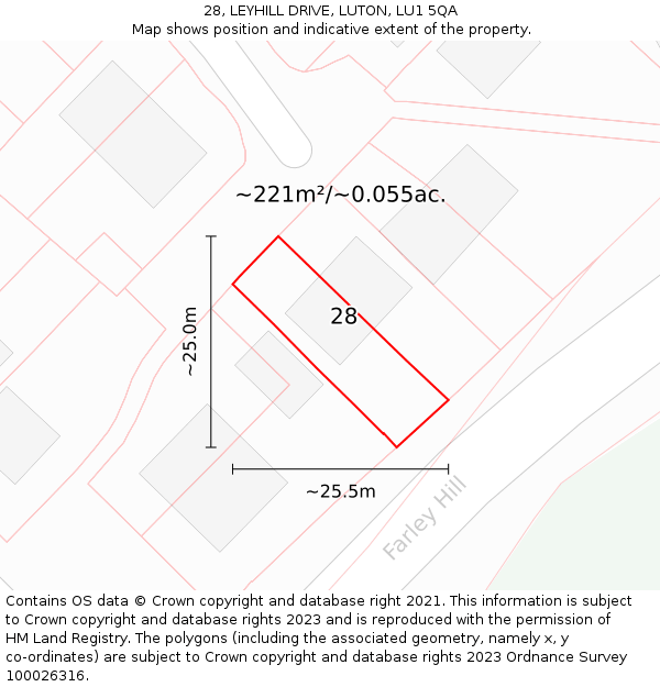 28, LEYHILL DRIVE, LUTON, LU1 5QA: Plot and title map
