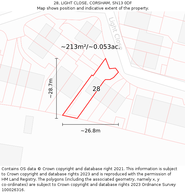 28, LIGHT CLOSE, CORSHAM, SN13 0DF: Plot and title map