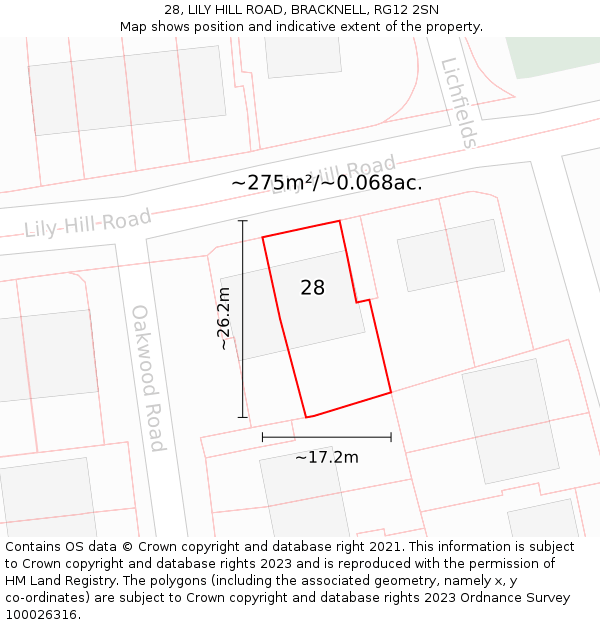 28, LILY HILL ROAD, BRACKNELL, RG12 2SN: Plot and title map