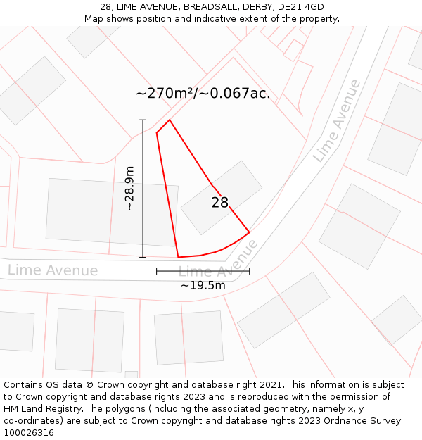 28, LIME AVENUE, BREADSALL, DERBY, DE21 4GD: Plot and title map