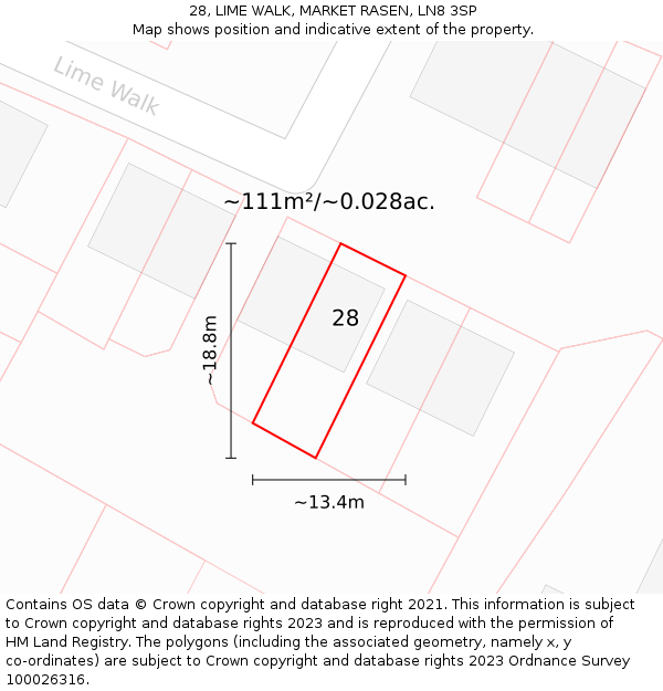 28, LIME WALK, MARKET RASEN, LN8 3SP: Plot and title map