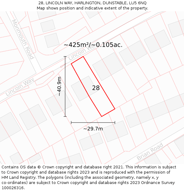 28, LINCOLN WAY, HARLINGTON, DUNSTABLE, LU5 6NQ: Plot and title map