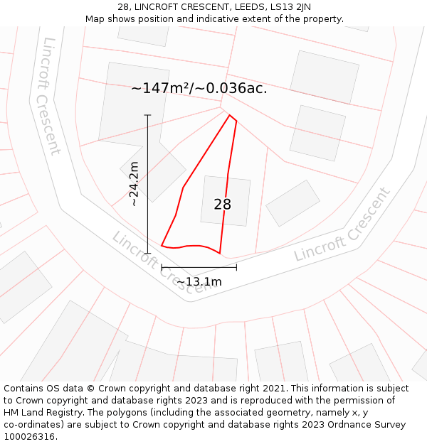 28, LINCROFT CRESCENT, LEEDS, LS13 2JN: Plot and title map