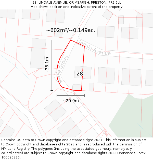 28, LINDALE AVENUE, GRIMSARGH, PRESTON, PR2 5LL: Plot and title map