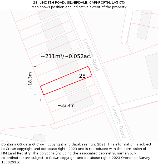 28, LINDETH ROAD, SILVERDALE, CARNFORTH, LA5 0TX: Plot and title map