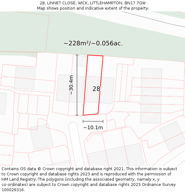 28, LINNET CLOSE, WICK, LITTLEHAMPTON, BN17 7GW: Plot and title map