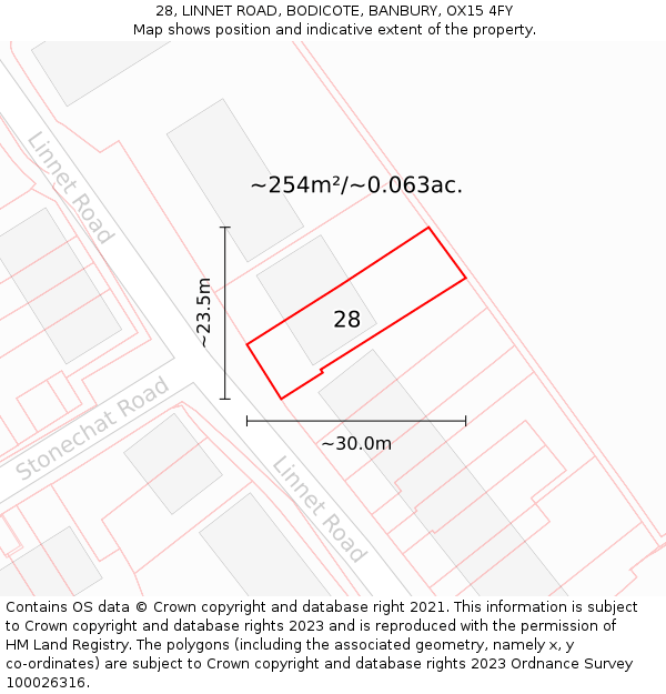 28, LINNET ROAD, BODICOTE, BANBURY, OX15 4FY: Plot and title map