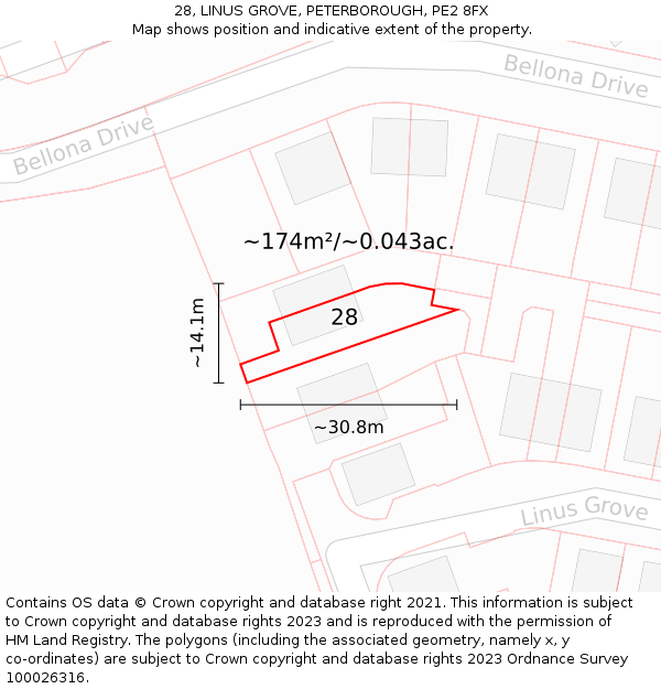 28, LINUS GROVE, PETERBOROUGH, PE2 8FX: Plot and title map