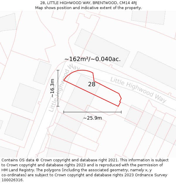 28, LITTLE HIGHWOOD WAY, BRENTWOOD, CM14 4RJ: Plot and title map