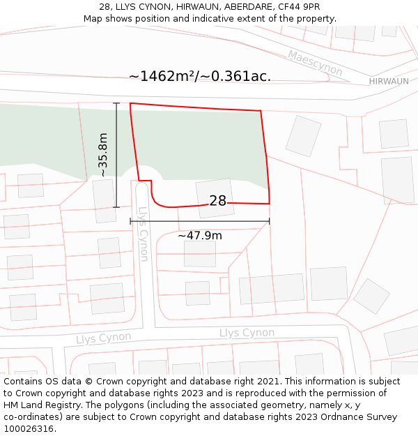 28, LLYS CYNON, HIRWAUN, ABERDARE, CF44 9PR: Plot and title map