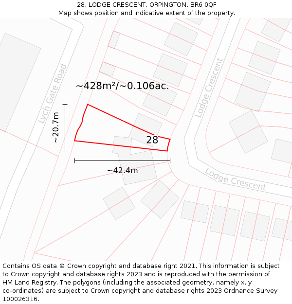 28, LODGE CRESCENT, ORPINGTON, BR6 0QF: Plot and title map
