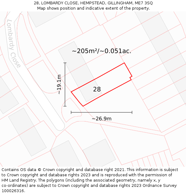 28, LOMBARDY CLOSE, HEMPSTEAD, GILLINGHAM, ME7 3SQ: Plot and title map