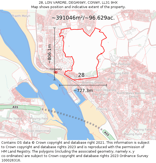 28, LON VARDRE, DEGANWY, CONWY, LL31 9HX: Plot and title map