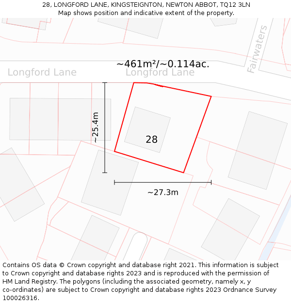 28, LONGFORD LANE, KINGSTEIGNTON, NEWTON ABBOT, TQ12 3LN: Plot and title map