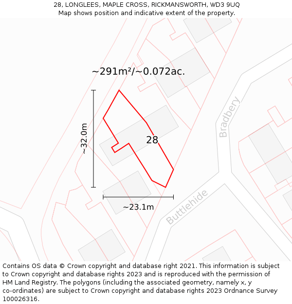 28, LONGLEES, MAPLE CROSS, RICKMANSWORTH, WD3 9UQ: Plot and title map