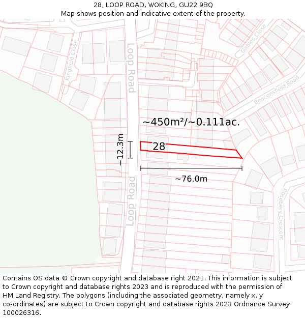 28, LOOP ROAD, WOKING, GU22 9BQ: Plot and title map