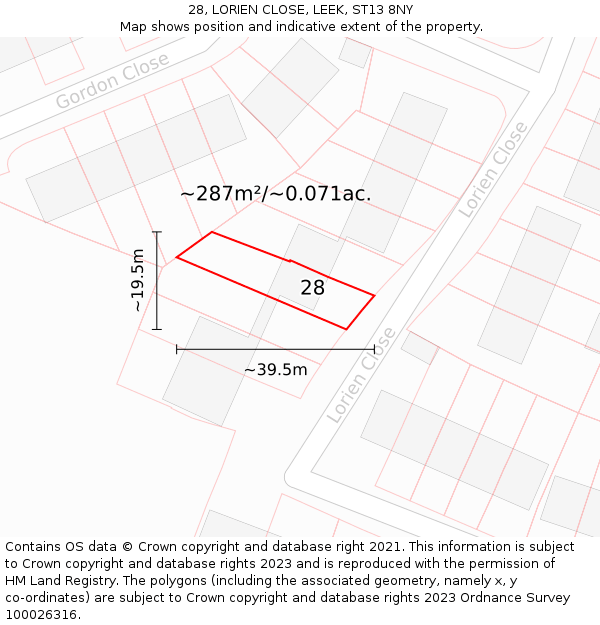 28, LORIEN CLOSE, LEEK, ST13 8NY: Plot and title map