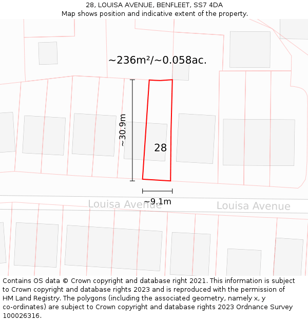 28, LOUISA AVENUE, BENFLEET, SS7 4DA: Plot and title map