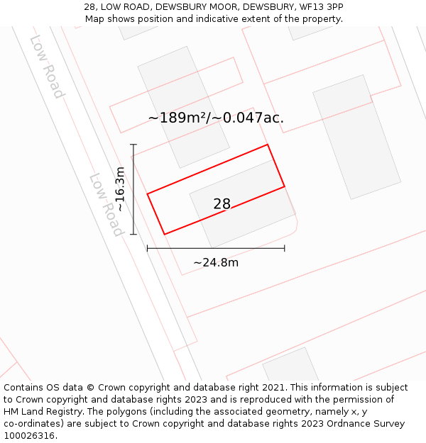 28, LOW ROAD, DEWSBURY MOOR, DEWSBURY, WF13 3PP: Plot and title map