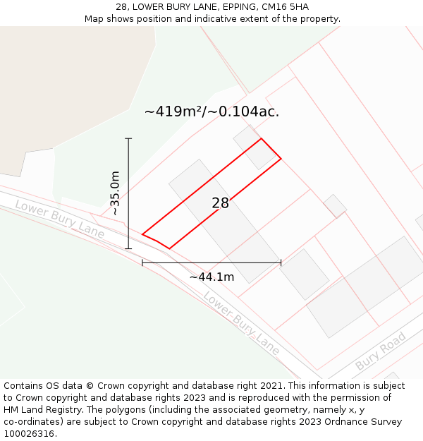 28, LOWER BURY LANE, EPPING, CM16 5HA: Plot and title map