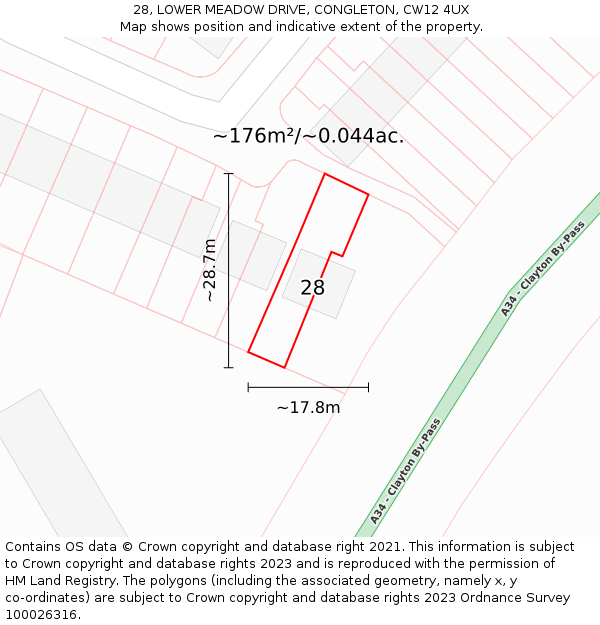 28, LOWER MEADOW DRIVE, CONGLETON, CW12 4UX: Plot and title map