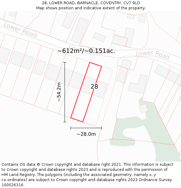 28, LOWER ROAD, BARNACLE, COVENTRY, CV7 9LD: Plot and title map