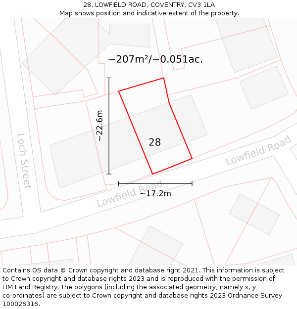 28, LOWFIELD ROAD, COVENTRY, CV3 1LA: Plot and title map