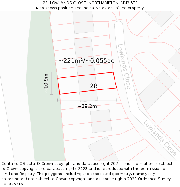 28, LOWLANDS CLOSE, NORTHAMPTON, NN3 5EP: Plot and title map