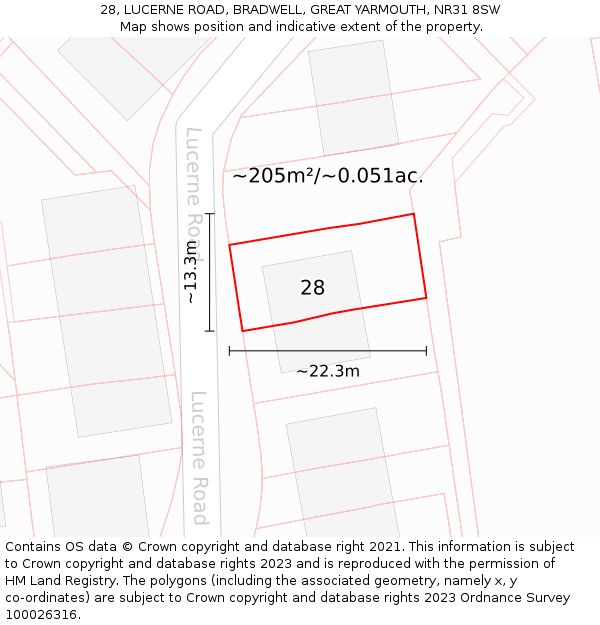 28, LUCERNE ROAD, BRADWELL, GREAT YARMOUTH, NR31 8SW: Plot and title map